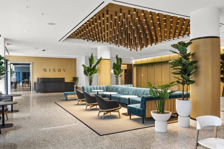 Warm modern interior amenity space at Bisby