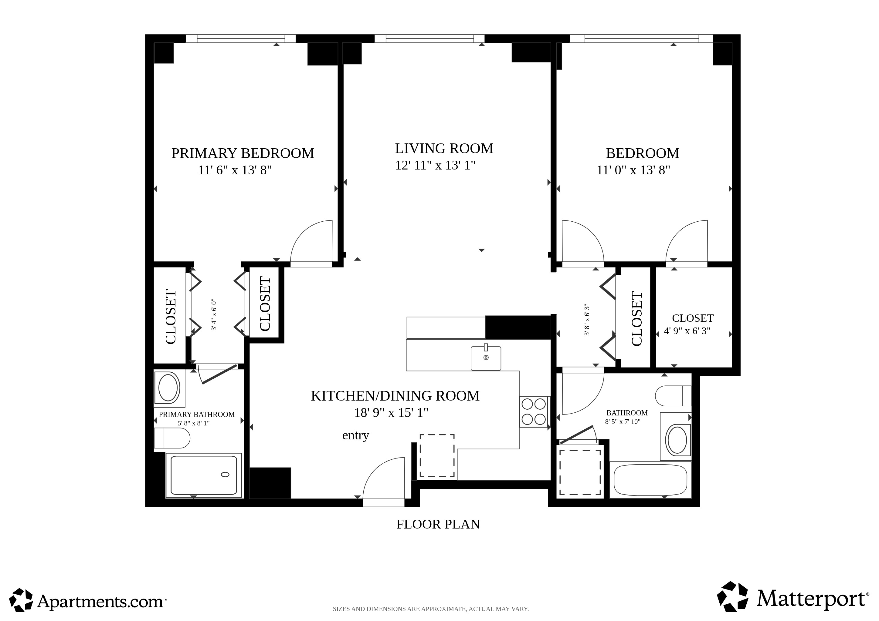 Published Grove Pointe two-bedroom floor plan with room measurements