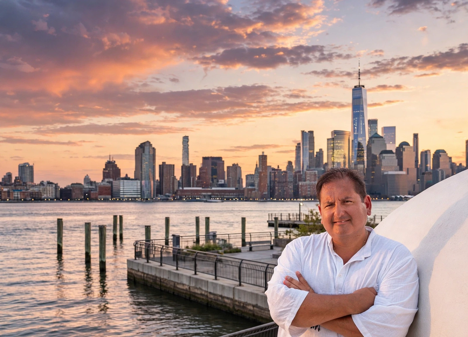 Johnny Pazmino in front of the Manhattan skyline from the Jersey City waterfront
