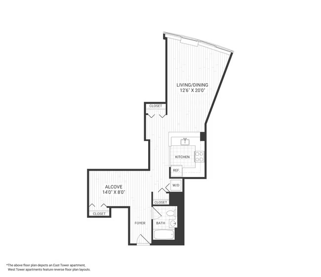 Published Liberty Towers alcove studio floor plan with measurements