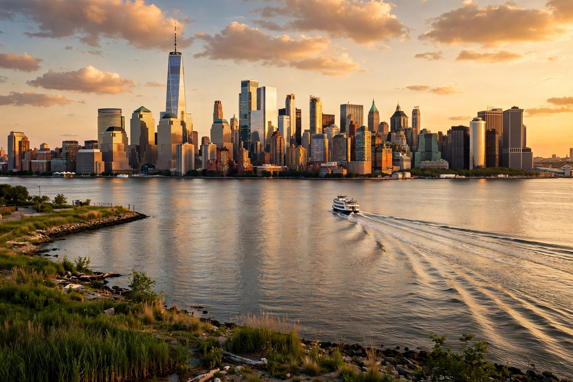 Manhattan skyline across the Hudson River at golden hour with a ferry on the water