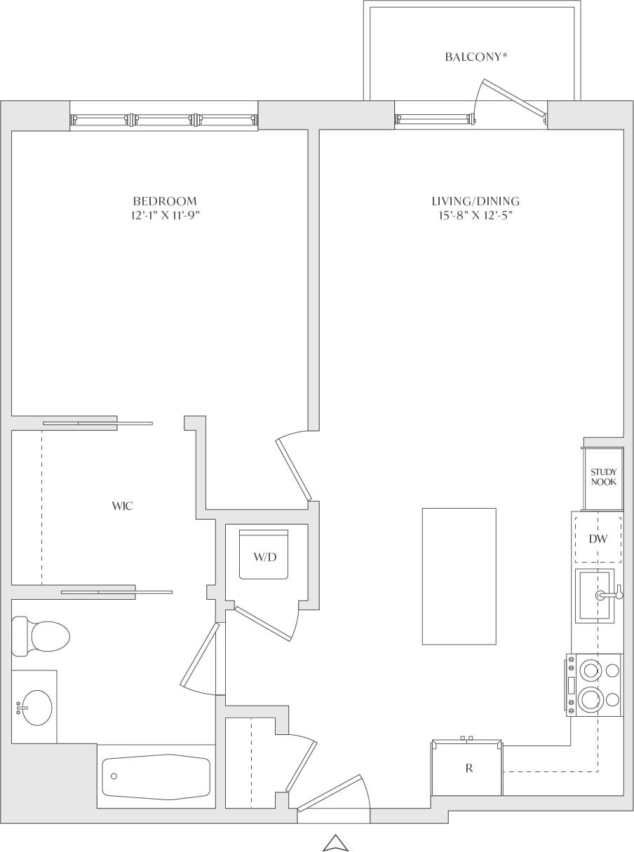 The Wyldes one-bedroom floor plan with balcony, study nook, walk-in closet, and room measurements